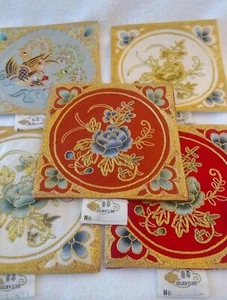 Vintage Hand Embroidered Chinese Silk Golden Cloud textile Gold Bird 5" square - Picture 1 of 8