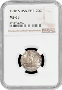 Philippines 20 centavos 1918 S, NGC MS65, "U.S. Administr. (1903-1945)" Pop 7/1 - Picture 1 of 4