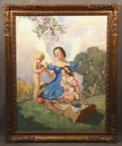 20th Century American Genre Scene Mother and Children on Picnic - Picture 1 of 14