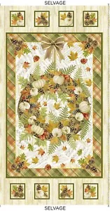 23" Fabric Panel | Timeless Treasures Autumn Symphony Fall Wreath Metallic Scene - Picture 1 of 1