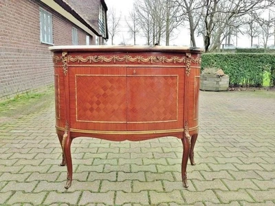 Armario Bar Francés Luis XVI 1900s Mármol Superior Incrustación Madera Bronce Antiguo Foto 1 de 4