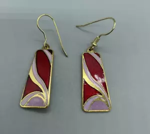Pendientes Cloisonne Años 80 Rojo Malva Rosa Perforados Cuelgan Gota Tono Dorado - Imagen 1 de 4