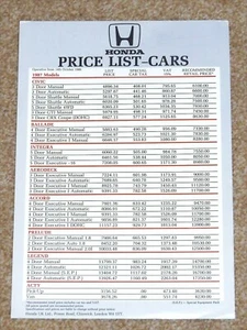 1986 HONDA PRICE LIST - Civic GTI CRX Ballade Integra Prelude Accord Legend Acty - Picture 1 of 2
