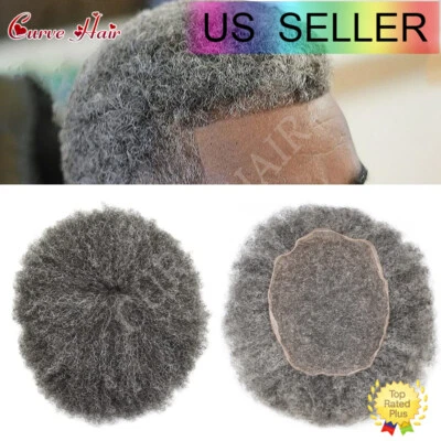 Afro Kinky Curly Men Toupee Hairpiece Black Men Hair Unit Full Lace HD Lace GREY - Image 1 of 4
