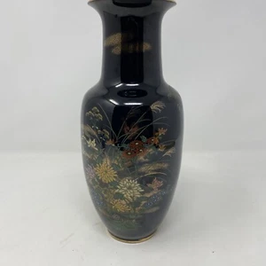 Jarrón de porcelana negro japonés vintage contenedor flores arte pájaro Japón - Imagen 1 de 11