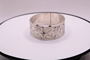Sterling Silver Leaf Scroll Wide Bangle Bracelet With Safety Chain - Picture 1 of 8
