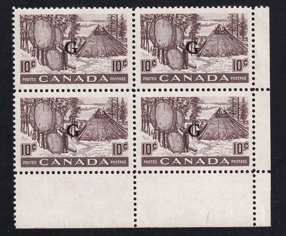 Canada 1950-1951 Official 'G' Overprint, Drying Skins 10¢, MNH blank LR, sc#O26 - Image 1 of 1