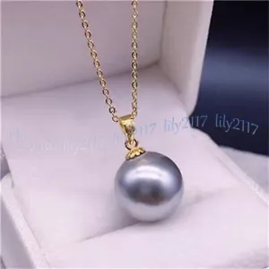 AAA Perfect Round Silver Gray Akoya Real Natural Pearl Pendant Necklace 17'' 14K - Picture 1 of 8