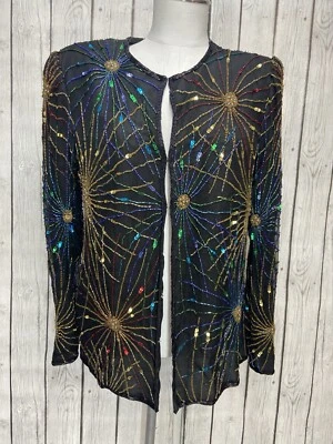 Chaqueta Blazer Laurence Kazar M Lentejuelas Seda Cuentas Noche Cóctel Fiesta Negra Foto 1 de 4