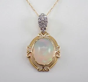 Yellow Gold Opal and Diamond Pendant Necklace 18 inch Chain October Birthstone - Picture 1 of 5