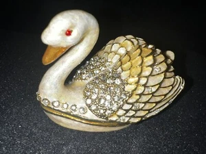 Enamel Swan Magnetic Hinged Trinket Box Crystals Bejeweled Ring Holder - Picture 1 of 11