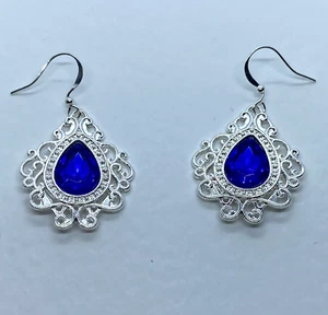 VIKTORIANISCHER Stil Pfauen OHRRINGE, TIEFBLAU Tränentropfen filigran versilbert - Bild 1 von 7