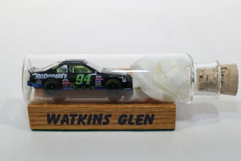 RARE Bill Elliott #94 Glass Bottle Model with Driver Card Watkins Glen Stand Cover
