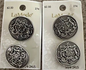4 - Vintage La Mode Silver Coat of Arms Buttons on Card 1-1/8” Style 2415 Lions - Picture 1 of 4