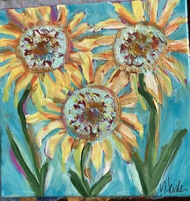 "Summer Sunflowers "on Mint Green Original Acrylic Painting 10”x10”Canvas - Image 1 of 4