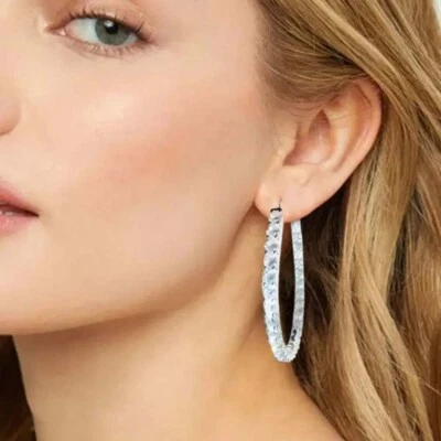 10.15 Ctw Lab Created Diamond 14K White Gold Plated Women's Double Hoop Earrings - Image 1 of 4