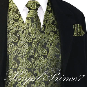Olive Green Paisley Tuxedo Suit Dress Vest Waistcoat & Neck tie & And Hankie Set - Picture 1 of 4