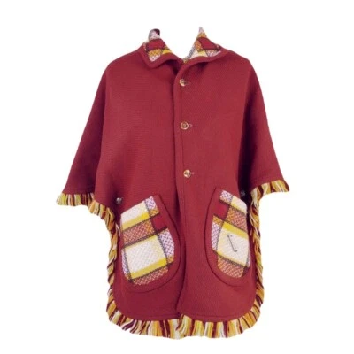 Винтажный 70-х красный клетку шерсти смесь двусторонняя бахрома пончо плащ один размер - Изображение 1 из 4