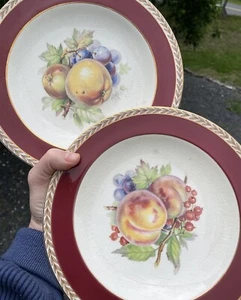Pair of Pink Rimmed Crown Ducal Fruit Ceramic Plates Wall Art Decor Peach Apple - Picture 1 of 11