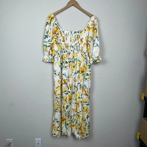 Gap Prairie Maxi Dress Petite L Cream Yellow Floral Linen Blend Cottagecore Puff - Picture 1 of 6