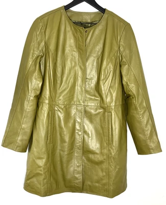 Jessica London Olive Green Leather Long Coat Jacket Women's Size 14W Snap Close - Image 1 of 4