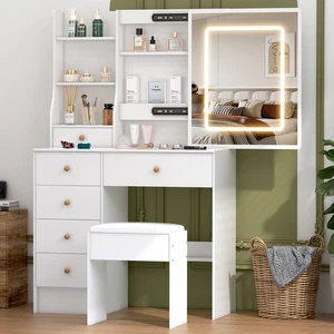Vnaity Makeup Desk Set with Sliding LED Light Mirror & 6 Drawers Dressing Table - Picture 1 of 9