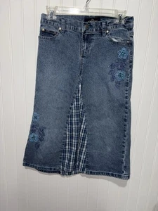 Vintage Kids Y2K Jordache Embroidered Blue Denim Skirt with Plaid Insert|Size 12 - Picture 1 of 3