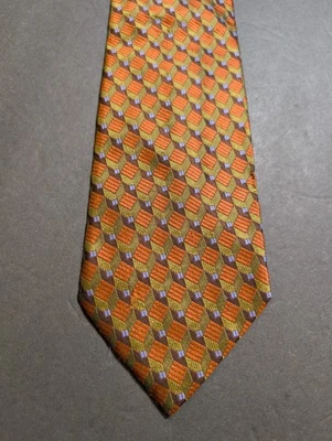 Gravata Barney's New York 100% seda dourada e azul marrom geométrica - Feita na Itália 59"" - Imagem 1 de 4