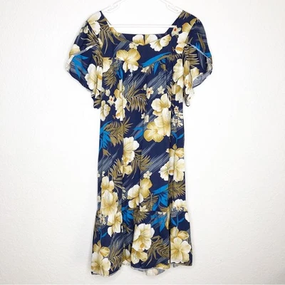 Ali’s Fashions Hawaii Vestido Floral Hawaiano Azul Marino Crema Oro Talla Única Foto 1 de 4