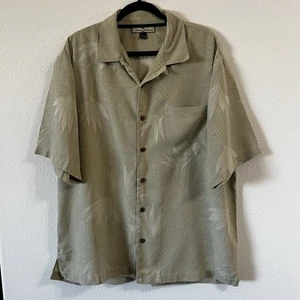 Tommy Bahama 100% Silk Men’s Hawaiian Camp Shirt Size L Sage Beige Leaf Print - Picture 1 of 6