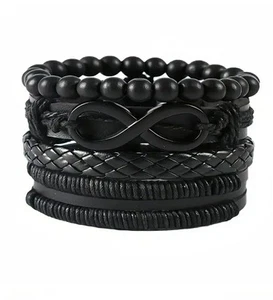 4Pcs Braided Leather Bracelet for Women Mens Cuff Bead Bracelet Set Adjustable - Picture 1 of 7