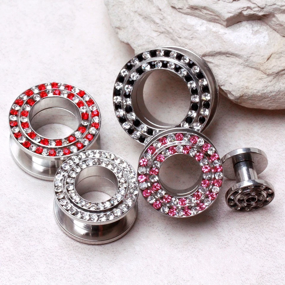 PAR de Tapón Túnel Acero Quirúrgico 316L con Dos Tonos Multi Gemas Foto 1 de 4