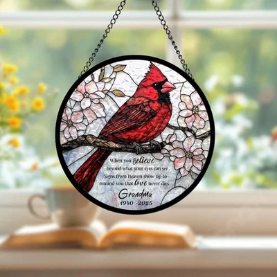 Custom Cardinal Stained Glass Suncatcher, Loss of Grandma Gift, Remembrance Gift - Image 1 of 4