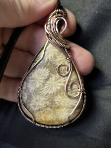 Handmade copper wire wrapped fossil coral pendant Jewelry 6a