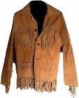 Classic Men's Western Style Cowboy Fringed Suede Leather Jacket Brown Soft Coat