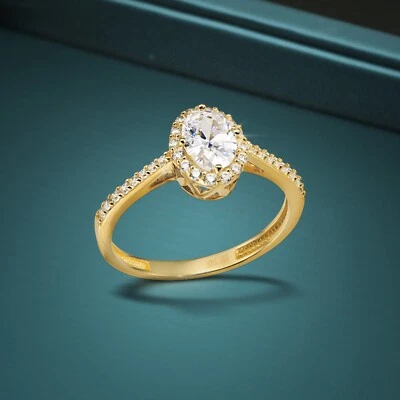 14K Real Solid Yellow Gold 1 Carat Solitaire Oval Halo Engagement Wedding Ring - Image 1 of 4