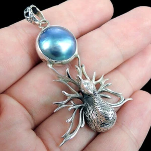 925 Plata Esterlina Azul Mabe Perla Pavo Diseño Colgante Hecho a Mano Joyería - Imagen 1 de 5