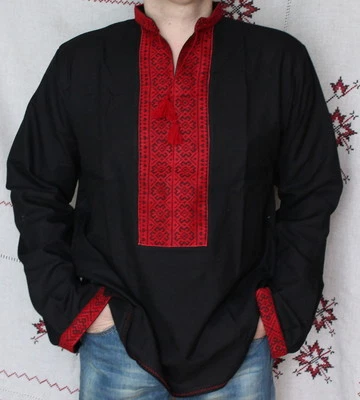 VYSHYVANKA mens Black Red Ukrainian Embroidery Linen SHIRT  - Image 1 of 4