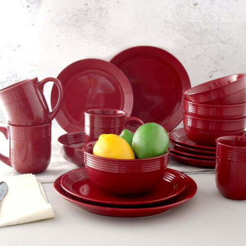 Red Stoneware Dinnerware Set Dinner & Salad Plates Serving Bowls Mugs 16-Pieces