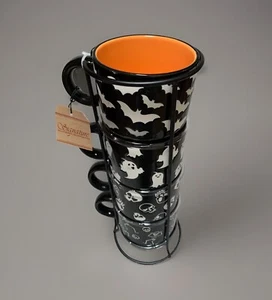 Halloween 4pc Black Cups/White Images Stoneware 12oz 3D Cup Set w/Storage Tower - Picture 1 of 10