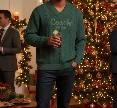 Coach Men's Sweater xxl Cable Knit V-Neck Green Wool Christmas Holiday Party New - Image 1 of 4