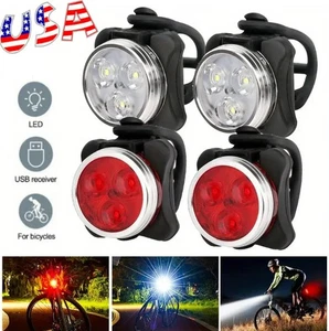 4xUSB Rechargeable LED Bike Lights Set Headlight Taillight Caution Bicycle Light - Picture 1 of 13