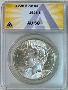 1926 Silver Peace Dollar, ANACS AU-58, Better Date! - Picture 1 of 2