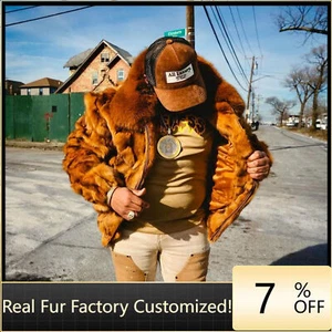 Men Real Fox Fur Full Pelt Coat Winter Warm Natural Braid Short Overcoat Jacket - Picture 1 of 4