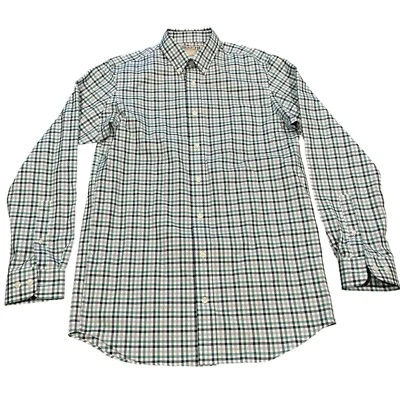 Duluth Trading 尺寸 MT 高海军蓝绿色白色格子条纹衬衫修剪适合棉 — 第 1/4 张图片