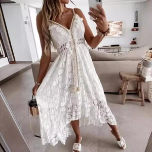 Women's Crochet Lace Maxi Dress Spaghetti Strap V Neck Cami Beach Boho Sundress - Picture 1 of 9