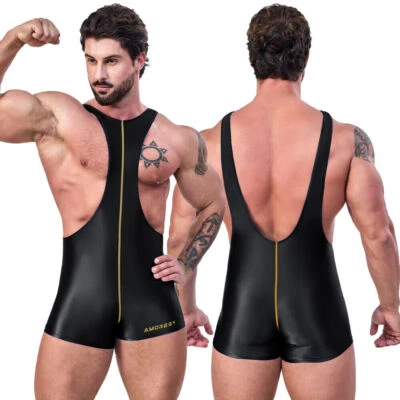 AMORESY Men's Glossy Satin Bicycle Suspender Shorts Quick-drying Cycling Leotard - Image 1 of 4