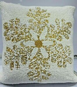 NEW Decorative PILLOW Christmas Fully BEADED Silver Gold Snowflake 14" x 14" NWT