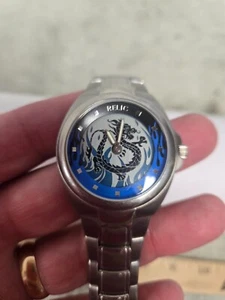 relic wrist watch, metal band, new battery, blue flames with dragon - Picture 1 of 6