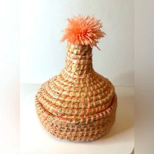Handwoven Small Moroccan Coral Pink Lidded Basket with Pom-Pom Lid - Picture 1 of 5
